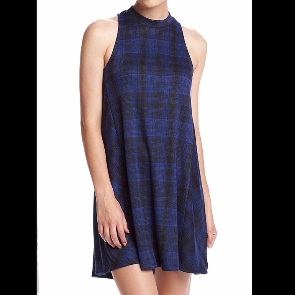 NWOT Blue Black Plaid mock turtleneck A line shift dress size medium